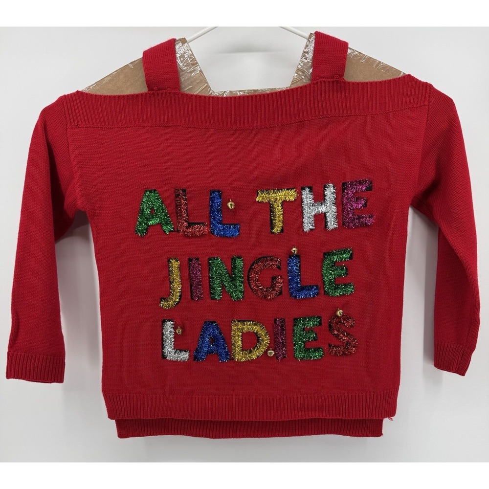 Francesca's Long Sleeve Ugly Christmas Sweater Red Cold Shoulder Size L‎ W/Bells